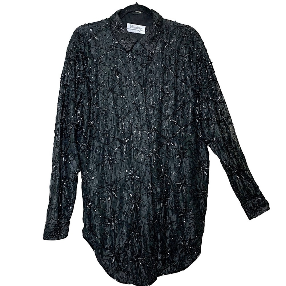 Vintage Mandaly Black Mesh Sequins Blouse Sz XL/1X Heavy Beaded Sheer Cocktail